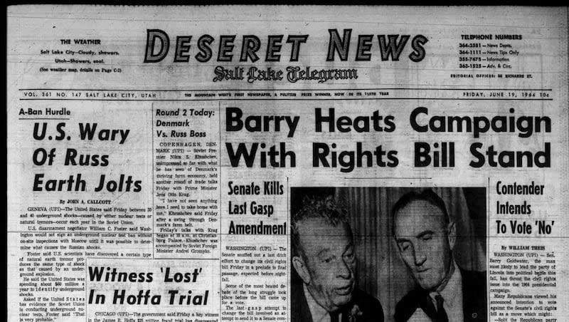 The front page of the Deseret News on June 19, 1964, as the Civil Rights Act of 1964 passed the U.S. Senate.