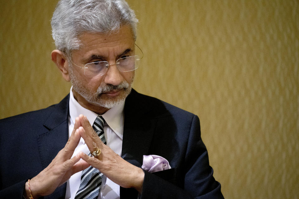 India's Foreign Minister Subrahmanyam Jaishankar attends a meeting with US Secretary of State Antony Blinken during the G20 Foreign Ministers' Meeting in Nusa Dua on the Indonesian resort island of Bali Friday, July 8, 2022. (Stefani Reynolds/Pool Photo via AP)