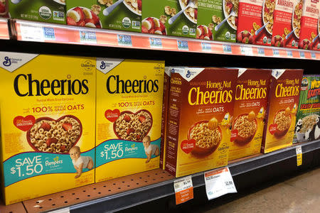 General Mills Inc's Cheerios and Honey Nut Cheerios are displayed on the shelf of a Whole Foods Market store in Venice, California, U.S., March 17, 2018. REUTERS/Lisa Baertlein