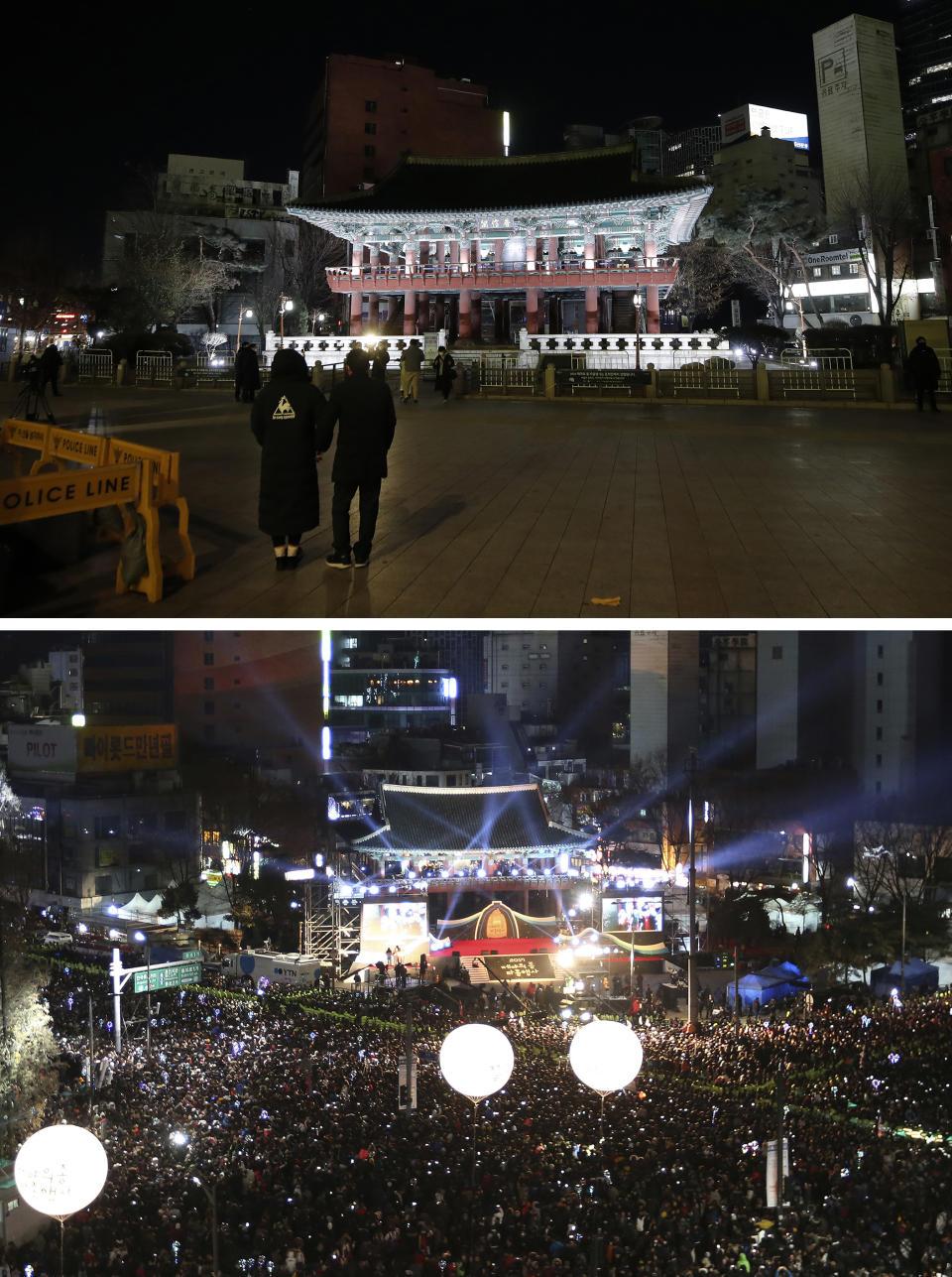 A combo image showing Bosingak pavilion where the place for the annual New Year's Eve bell-ringing ceremony, the top photo taken on Thursday, Dec. 31, 2020 and the bottom one on Friday, Jan. 1, 2018. In South Korea, Seoul's city government canceled its annual New Year's Eve bell-ringing ceremony in the Jongno neighborhood for the first time since the event was first held in 1953, months after the end of the Korean War. The ceremony, in which citizens ring a large bell in a traditional pavilion when the clock strikes midnight, normally draws an estimated 100,000 people and is broadcast live. (AP Photo/Lee Jin-man, Ahn Young-joon)