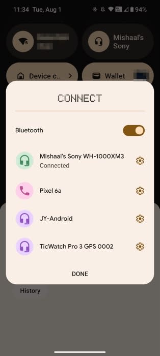 Nothing OS 2.0 quick settings Bluetooth connection menu
