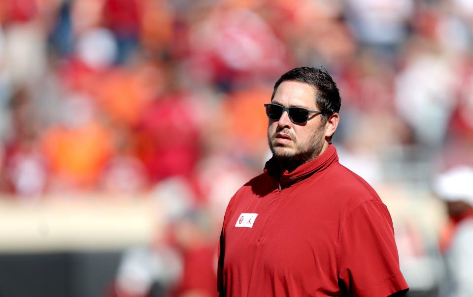 OU offensive coordinator Jeff Lebby in the first half of the Sooners' game against Oklahoma State in Stillwater on Nov. 4.