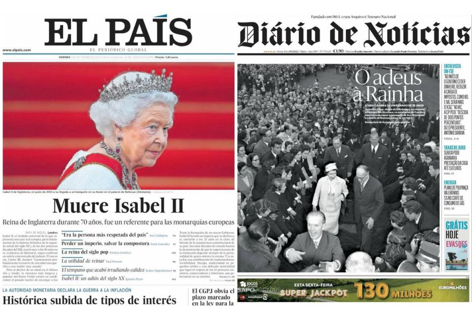 Spain’s ‘El Pais’ and Portugal’s ‘Diario de Noticias’ mark the Queen’s passing (El Pais/Diario de Noticias)