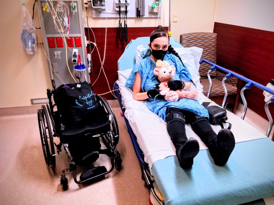 Drewy NovaClara Curious, from Canada, in a stretcher at the first hospital at the time of her stroke where she was discharged.