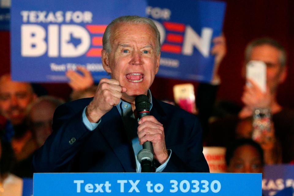 Former Vice President Joe Biden speaks after being endorsed by Sen. Amy Klobuchar, D-Minn., at a campaign rally Monday, March 2, 2020 in Dallas.