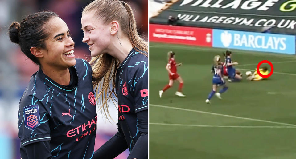 Pictured Mary Fowler scores first Women's Super League goal of the season as Matildas teammate Mackenzie Arnold is injured right