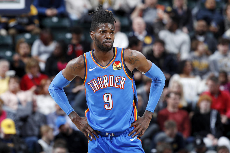 Nerlens Noel #9 of the Oklahoma City Thunder looks on against the Indiana Pacers