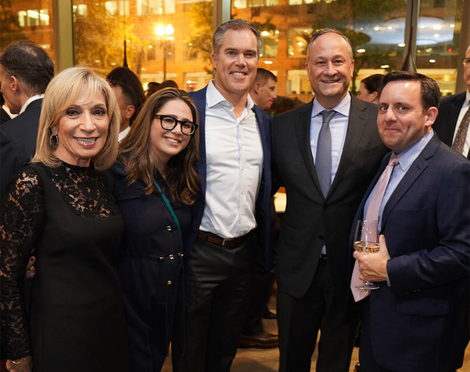 Andrea Mitchell, Rachel Adler, Peter Alexander, Doug Emhoff, Mike Memoli attend CAA Kickoff Party for The White House Correspondents' Dinner Weekend at The Henri on April 28, 2023 in Washington, DC.