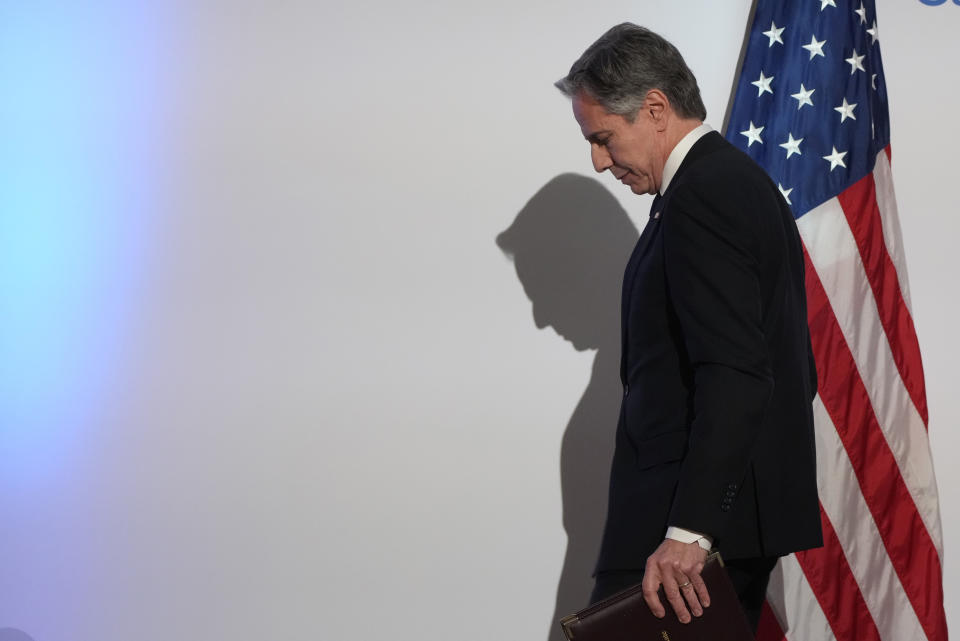 U.S. Secretary of State Antony Blinken leaves after meeting the journalists in a press conference at the G7 Foreign Ministers meeting on Capri Island, Italy, Friday, April 19, 2024. (AP Photo/Gregorio Borgia)