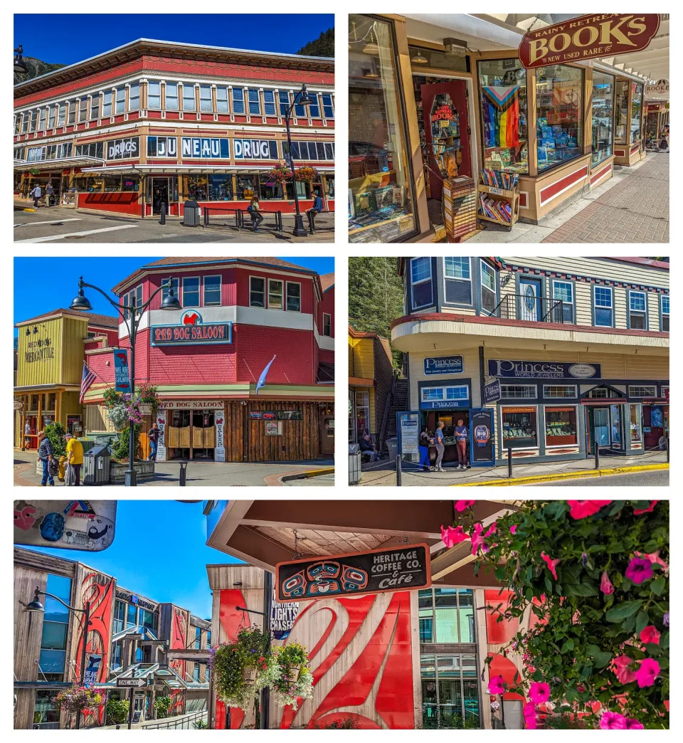 Collage showing buildings in downtown Juneau including the famous Red Dog Saloon, Juneau Books, and others. 