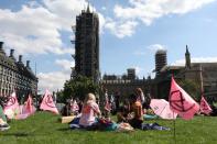 Activists from the climate protest group Extinction Rebellion set up camp in Parliament Square in central London on September 1, 2020, as they start their new season of "mass rebellions". - Climate protest group Extinction Rebellion will target Britain's parliament as part of "mass rebellions" starting from September 1. Other actions will take place around the country. (Photo by ISABEL INFANTES / AFP) (Photo by ISABEL INFANTES/AFP via Getty Images)