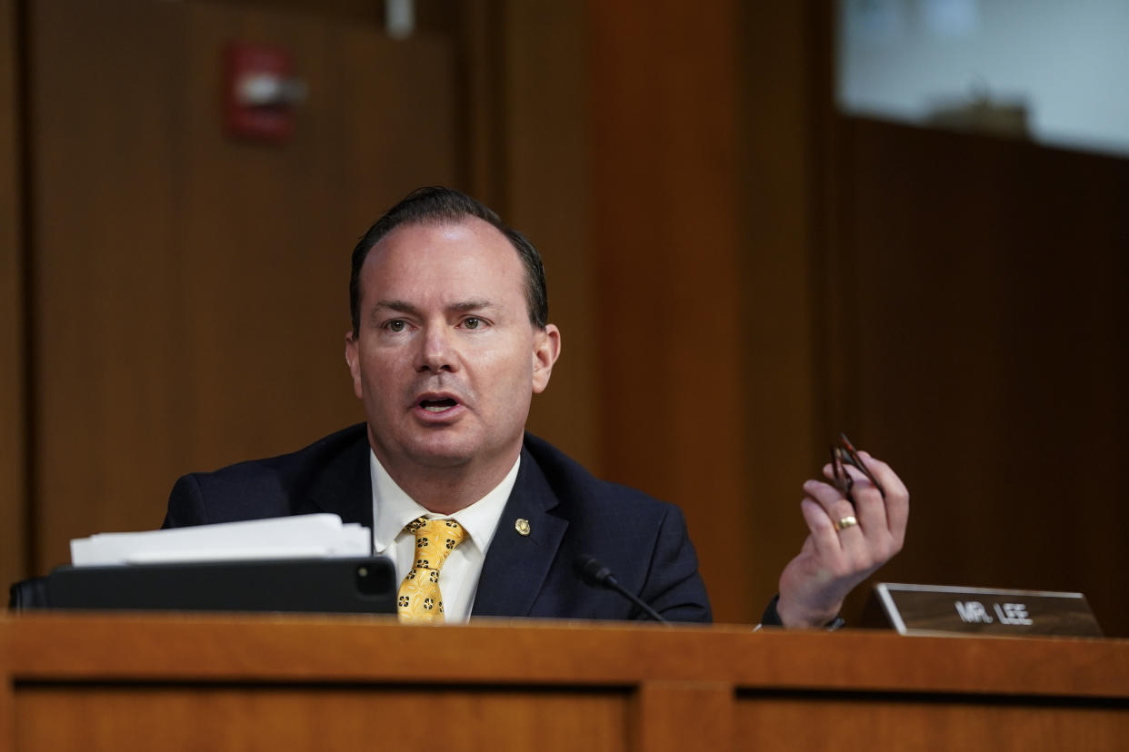 Sen. Mike Lee (R-UT) questions Attorney General nominee Merrick Garland during his confirmation hearing before the Senate Judiciary Committee in the Hart Senate Office Building on February 22, 2021 in Washington, DC. (Drew Angerer/Getty Images)