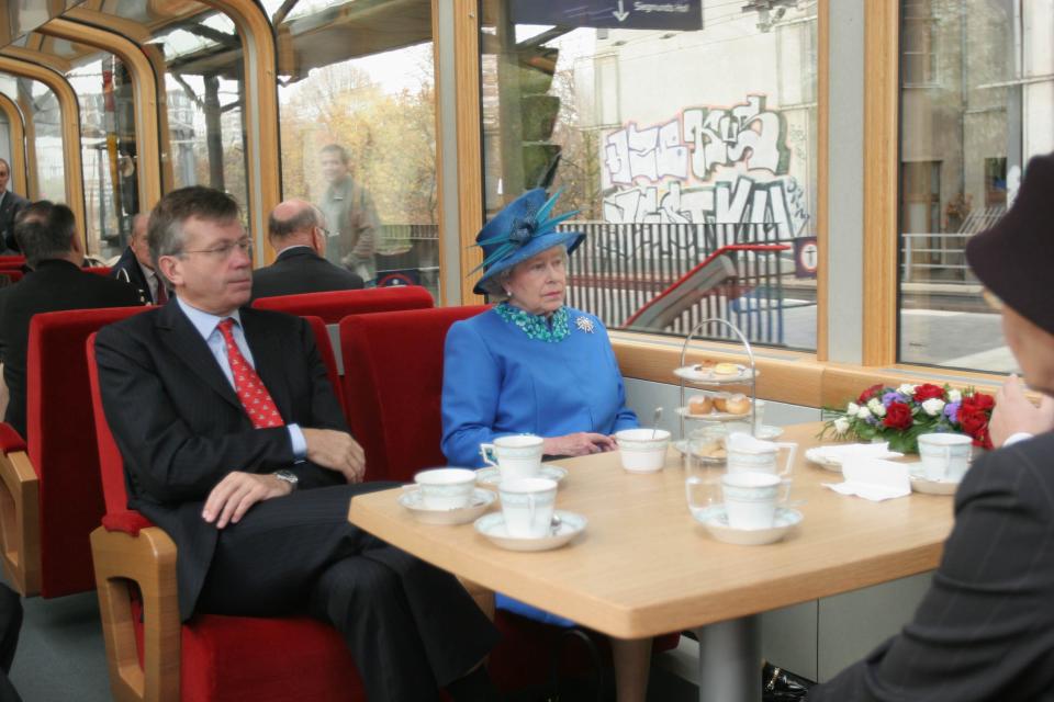 Queen Elizabeth traveling by train