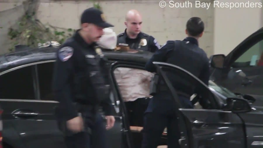 The parking structure where a female suspect crashed her BMW sedan while fleeing from police at the Del Amo Fashion Center on Dec. 23, 2023. (South Bay Responders)