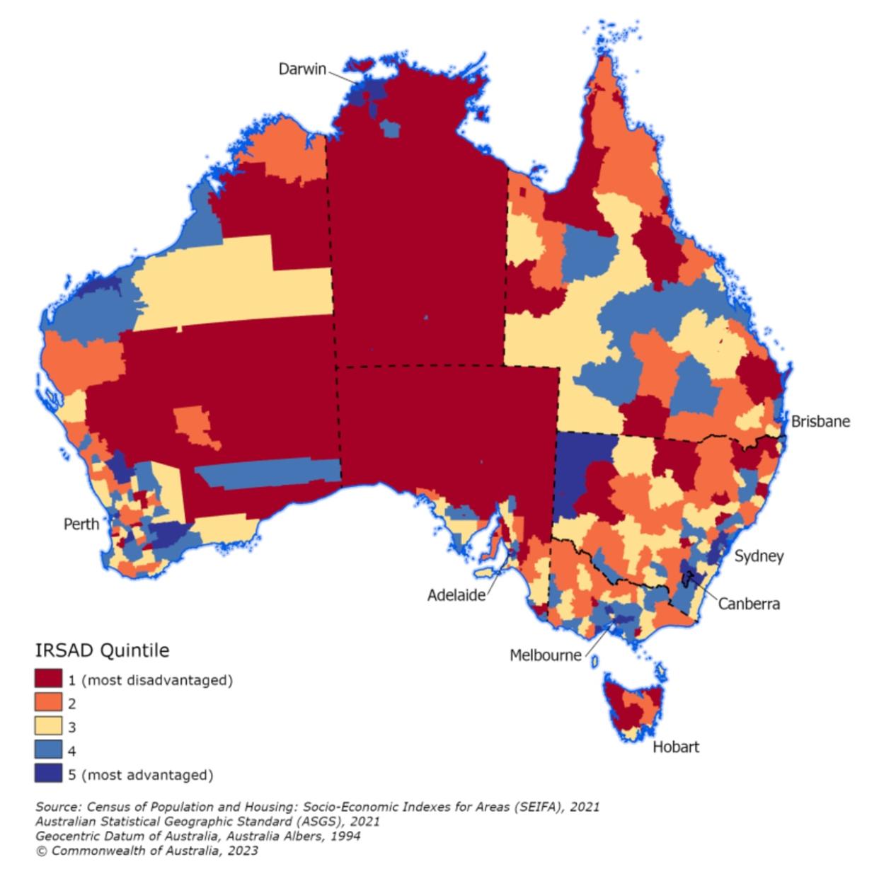 Australia's most advantaged local government areas are in Sydney, Perth and Darwin - while rural and regional Queensland and the NT are the most disadvantaged.