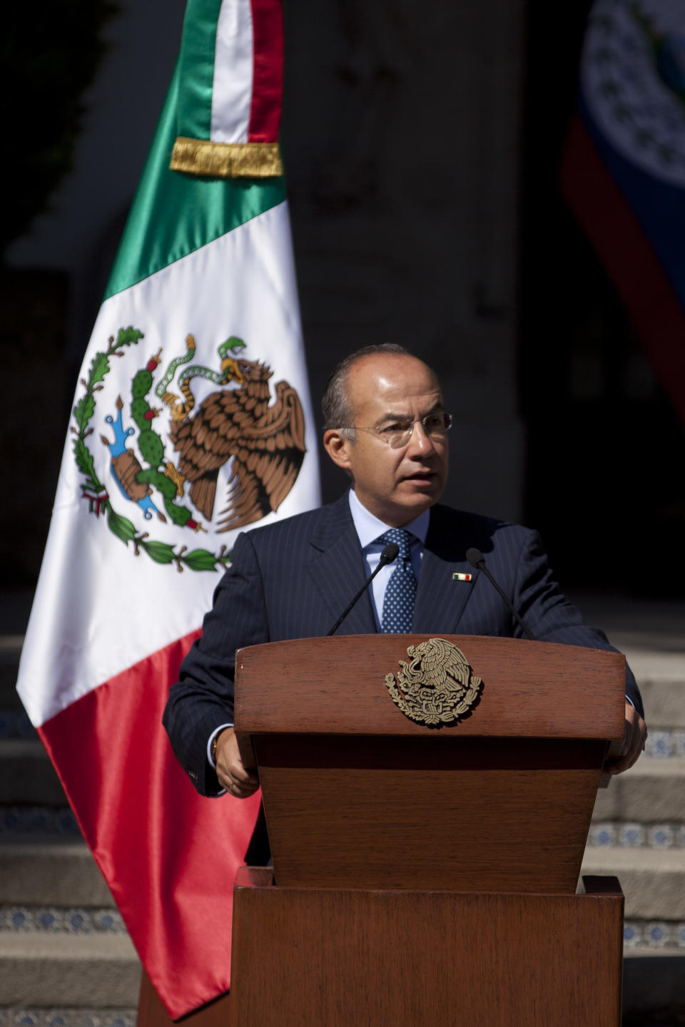 Mexico's President Felipe Calderon speaks during a press conference with the leaders of Honduras, Costa Rica and Belize, not in picture, in Mexico City, Monday, Nov. 12, 2012. Mexico and the three Central American nations are calling for a review of international drug policies after two U.S. states voted to legalize recreational use of marijuana. (AP Photo/Alexandre Meneghini)