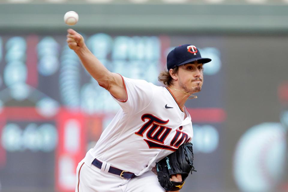 Minnesota Twins starting pitcher Joe Ryan throws to the Cleveland Guardians in the first inning of a baseball game Tuesday, June 21, 2022, in Minneapolis. (AP Photo/Andy Clayton-King)