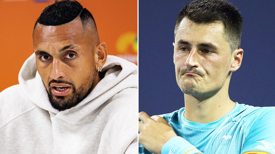 Bernard Tomic (R) has upped the stakes in his ongoing feud with fellow Aussie tennis star Nick Kyrgios. Pic: Getty