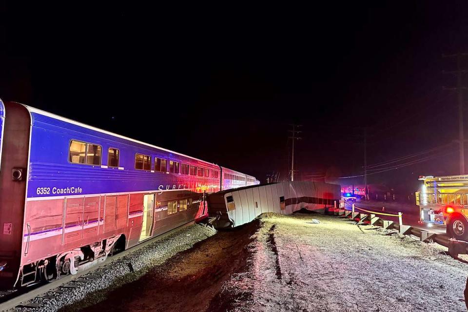 <p>California Highway Patrol/X</p> Aftermath of the crash involving an Amtrak train and a semi truck in California