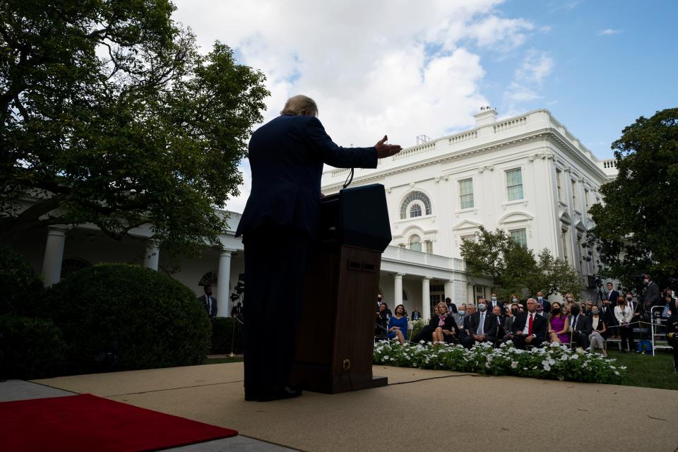 President Donald Trump speaks about coronavirus testing strategy, in the Rose Garden of the White House, Monday, Sept. 28, 2020, in Washington.