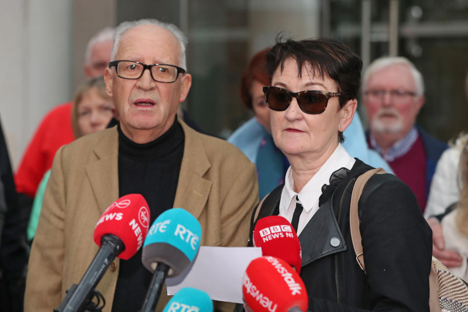 Patric and Geraldine Kriegel, the parents of schoolgirl Ana Kriegel, speak to the media outside Dublin's Central Criminal Court after two 15-year-old boys, known as Boy A and Boy B, were sentenced for her murder.. Picture date: Tuesday November 5, 2019. Boy A was sentenced to life, with a review period after 12 years, and Boy B was sentenced to 15 years' detention, with a review after eight years. See PA story IRISH Kriegel. Photo credit should read: Niall Carson/PA Wire