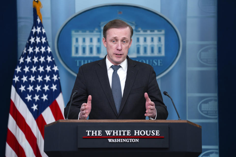 White House national security adviser Jake Sullivan speaks during a press briefing at the White House, Tuesday, March 12, 2024, in Washington. (AP Photo/Evan Vucci)