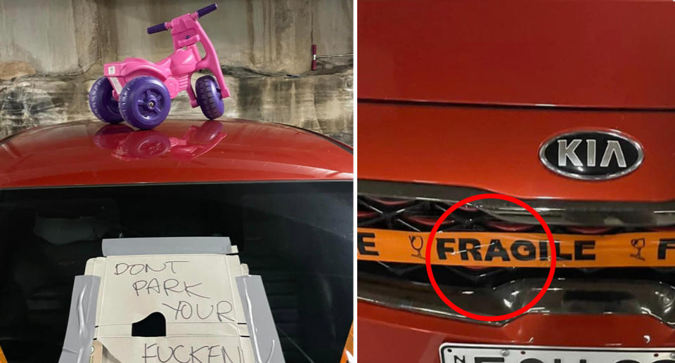 Left, the angry note can be seen on the windshield below a pink and purple child's toy bicycle on the roof. Right: Orange 'fragile' tape can be seen on the car's grille. 