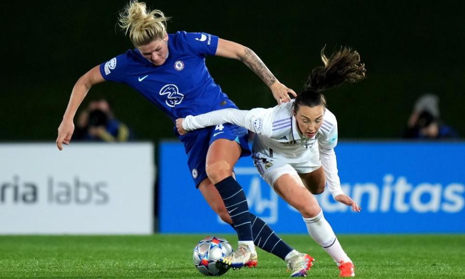 Caroline Weir, who scored Real Madrid’s goal, tussles with Chelsea’s Millie Bright.