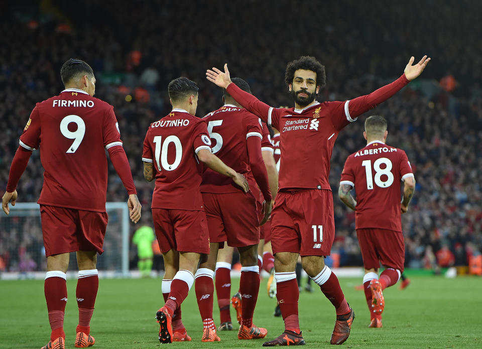 Mo Salah sits atop the Premier League’s goalscoring charts after tallying twice in a Liverpool win. (Getty)