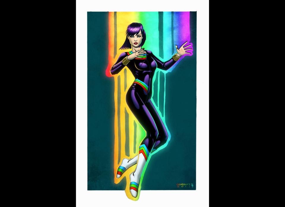 Dori Aandraison, also known as Rainbow Girl, can wield the mysterious power of the <a href="http://en.wikipedia.org/wiki/Emotional_spectrum" target="_hplink">Emotional Spectrum</a>, meaning that she has the ability to give herself unpredictable mood swings (ladies, amiright?!). Having always wanted to become an actress, she aspired to join the Legion Of Super Heroes in order to gain notoriety, but instead had to settle for the Legion Of Substitute Heroes. (Via <a href="http://www.comicvine.com/rainbow-girl/29-51582/" target="_hplink">Comic Vine</a>)