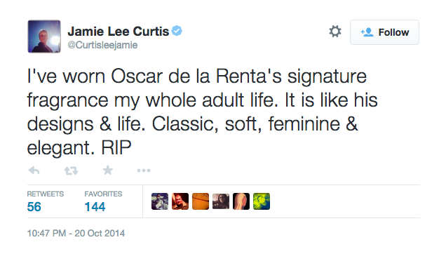 “I’ve worn Oscar de la Renta’s signature fragrance my whole adult life. It is like his designs & life. Classic, soft, feminine & elegant. RIP”