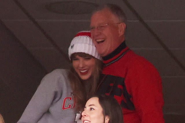 <p>Maddie Meyer/Getty</p> Taylor Swift with her dad Scott at Travis Kelce's game on December 17, 2023