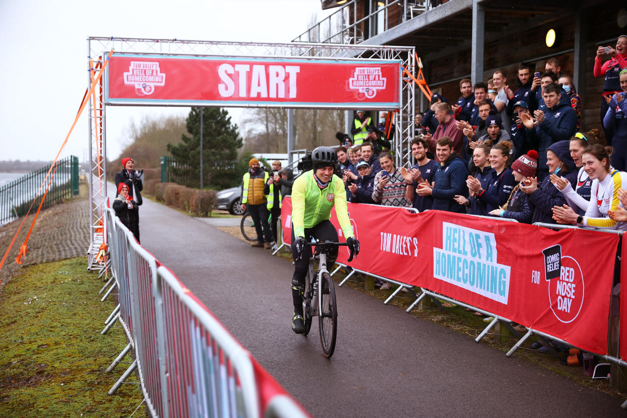 Tom Daley takes to his bike on day two of his 'Hell of a Homecoming' charity challenge. (Jordan Mansfield/Comic Relief via Getty Images)