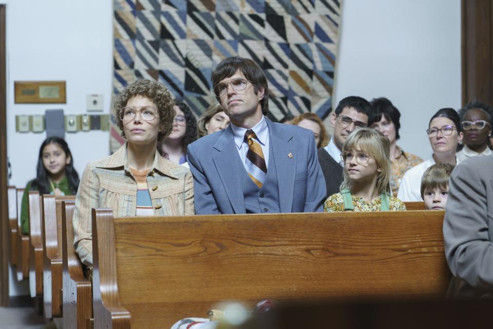 This image released by Hulu shows, foreground from left, Jessica Biel, Timothy Simons, Aven Lotz and Dash McCloud in the series "Candy." (Hulu via AP)