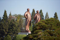 Statues of former leaders Kim Il Sung and Kim Jong Il are seen in Wonsan, North Korea October 2016. Christian Peterson-Clausen/Handout via REUTERS