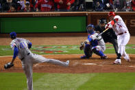 ST LOUIS, MO - OCTOBER 20: Allen Craig #21 of the St. Louis Cardinals hits an RBI single in the seventh inning off of Alexi Ogando #41 of the Texas Rangers during Game Two of the MLB World Series at Busch Stadium on October 20, 2011 in St Louis, Missouri. (Photo by Dilip Vishwanat/Getty Images)