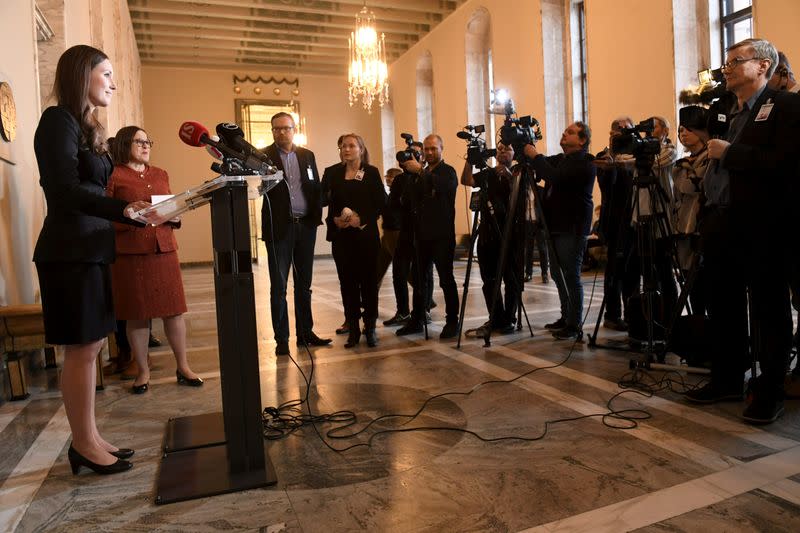 Social democrats minister Sanna Marin speaks to the media after she was elected as the new Prime Minister of Finland in the session of the Finnish Parliament in Helsinki