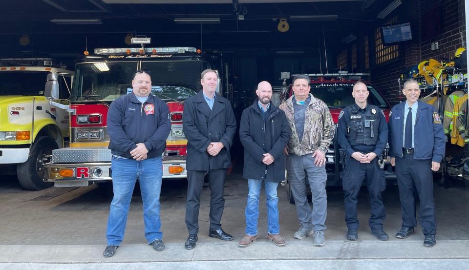 AT&T representatives and local officials spoke on Friday at the Hooversville Volunteer Fire Department. Pictured are, left to right: Chad Maurer, fire chief; Dave Kerr, president, AT&T Pennsylvania; state Rep. Carl Metzgar; Jesse Boncoski, borough council member; Johnathan Wolf, police chief and Joel Landis, director of the Somerset County Department of Emergency Services.
