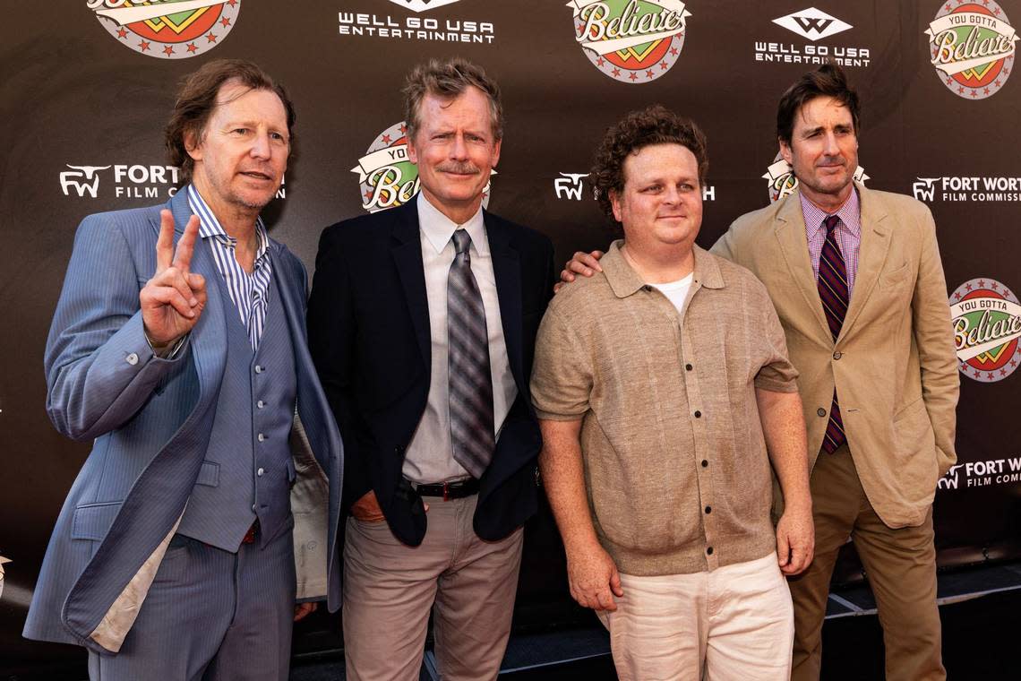 Actors Lew Temple, who plays Coach Mitch Belew, left, Greg Kinnear, who plays Jon Kelly, second from left, Patrick Renna, who plays Kliff Young, second from right, and Luke Wilson, who plays Bobby Ratliff, are photographed on the red carpet for the world premiere of the movie “You Gotta Believe” outside of the AMC Palace 9 Theatre in downtown Fort Worth on Thursday, Aug. 29, 2024. The film is based on the 2002 Westside Little League baseball team’s run to the World Series, after the team was inspired by a teammate’s father’s cancer diagnosis.