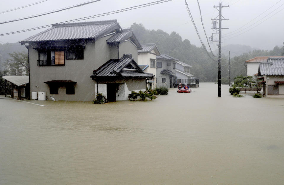 Heavy rains caused by Typhoon Hagibis flood a residential area in Ise, central Japan, in this photo taken by Kyodo October 12, 2019.  Mandatory credit Kyodo/via REUTERS ATTENTION EDITORS - THIS IMAGE WAS PROVIDED BY A THIRD PARTY. MANDATORY CREDIT. JAPAN OUT. NO COMMERCIAL OR EDITORIAL SALES IN JAPAN.