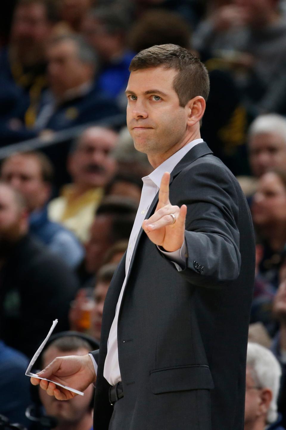 Dec 11, 2019; Indianapolis, IN, USA; Boston Celtics coach Brad Stevens reacts on the sidelines during the first quarter against the Indiana Pacers at Bankers Life Fieldhouse.