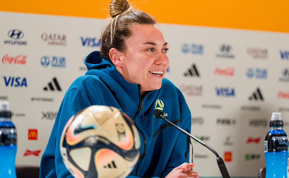 Mackenzie Arnold, pictured here speaking to the media ahead of the Matildas' semi-final showdown with England.