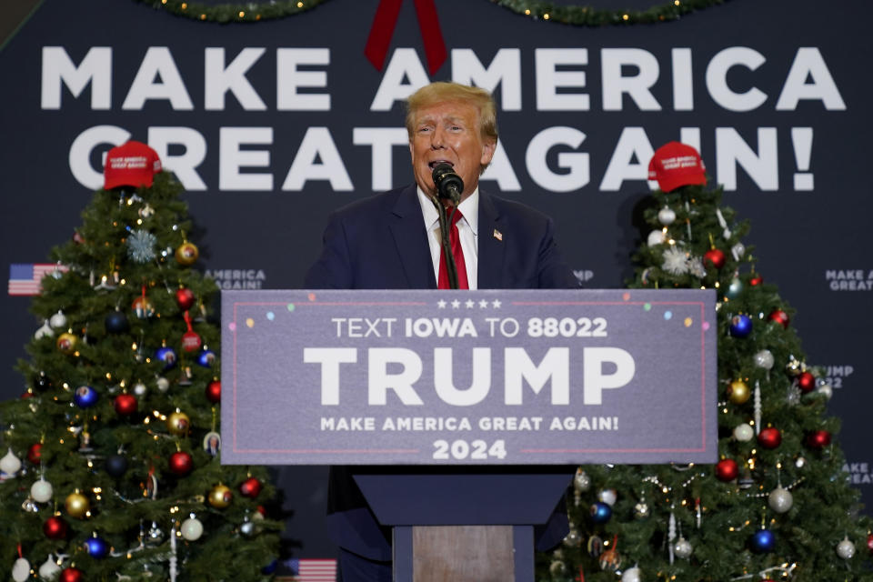 Former President Donald Trump speaks during a commit to caucus rally, Tuesday, Dec. 19, 2023, in Waterloo, Iowa. (AP Photo/Charlie Neibergall)