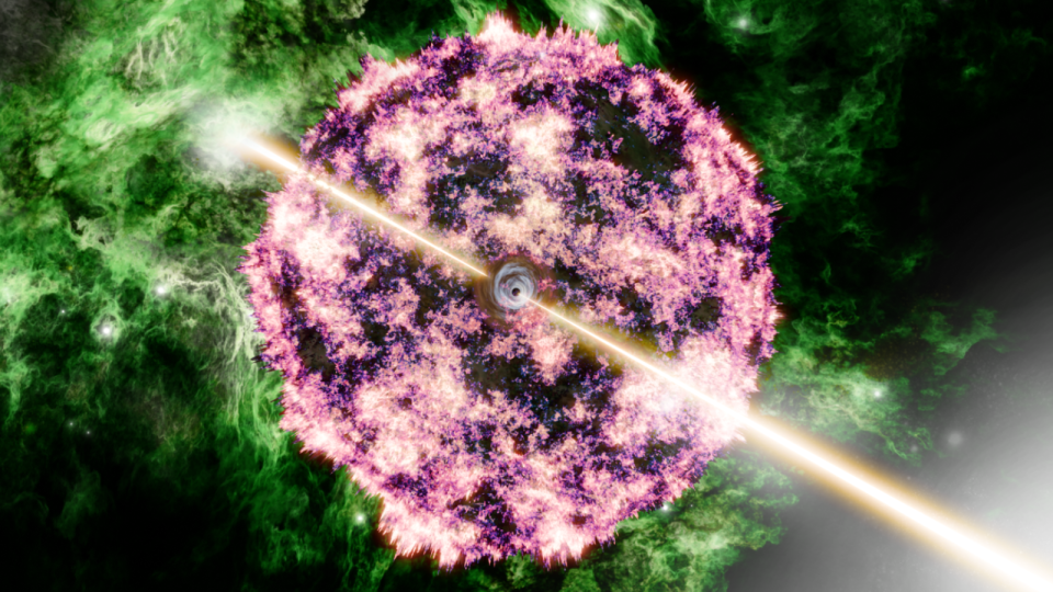 A shattered purple sphere with green mist behind it, interrupted by a yellow beam