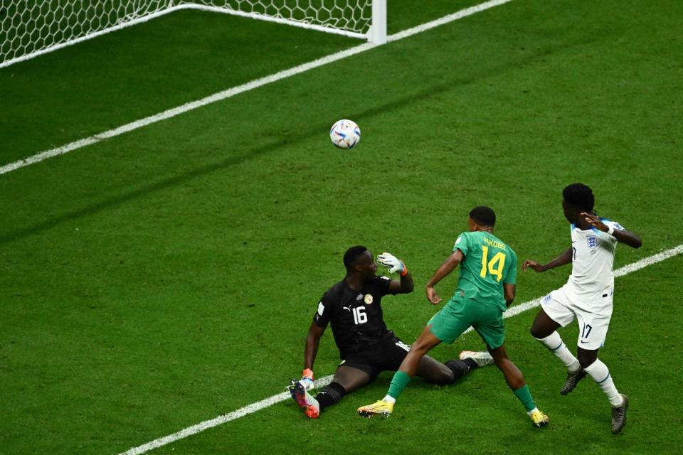 ngland’s forward #17 Bukayo Saka scores his team’s third goal (AFP via Getty Images)