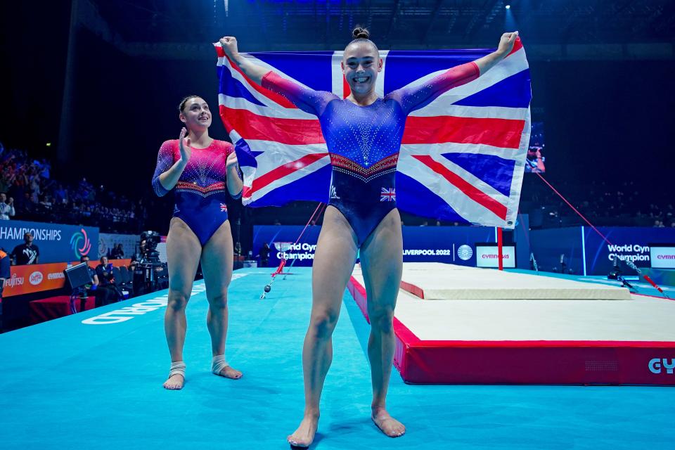 Jessica Gadirova celebrates world gymnastics gold on the floor with her sister Jennifer (Peter Byrne/PA) (PA Wire)
