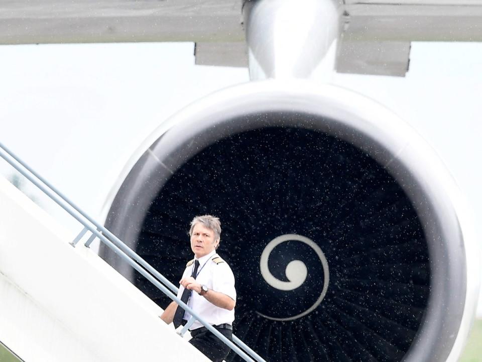 Bruce Dickinson boarding Iron Maiden’s Boeing 747-400 at the International Aerospace Exhibition in Germany, 2016 (AFP via Getty Images)