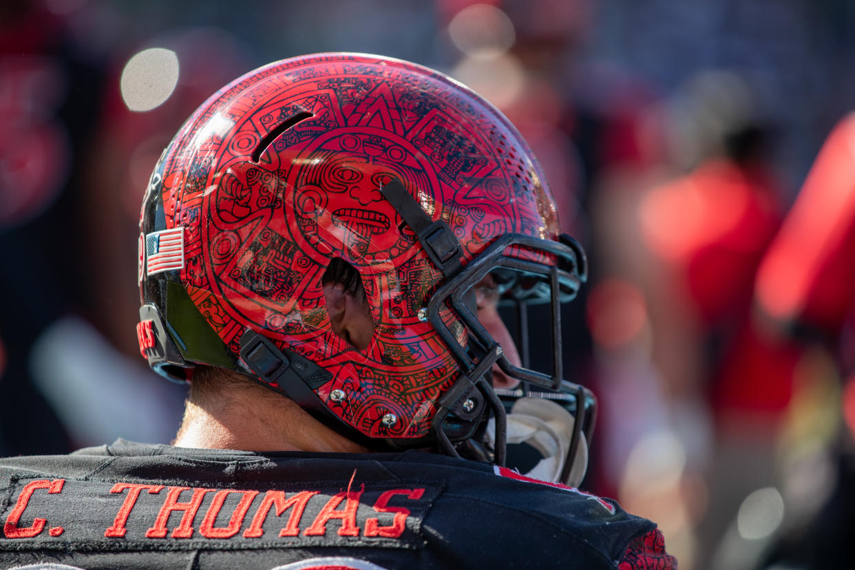 CARSON, CA - NOVEMBER 26:  A close up of Cameron Thomas #99 of the San Diego State Aztecs helmet against the Boise State Broncos on November 26, 2021 at Dignity Health Sports Park in Carson, California. (Photo by Tom Hauck/Getty Images)