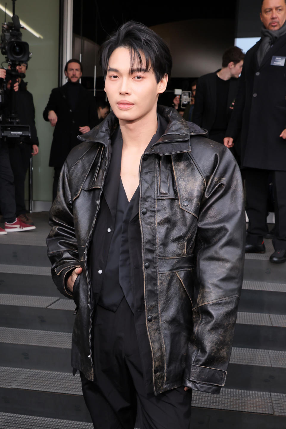 Metawin, Win Metawin, Prada fashion show, house ambassador, prada men's 2024 fall, Prada front row, Metawin leather jacket, 