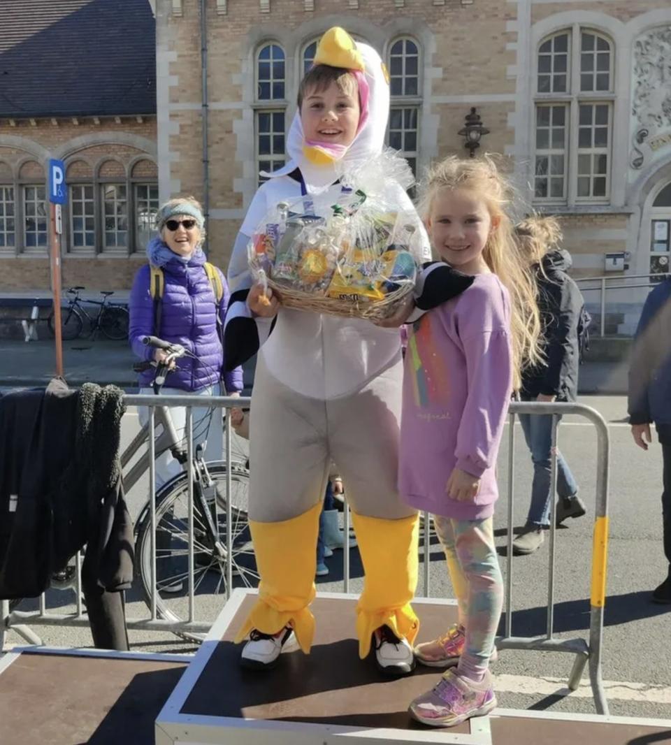 Cooper celebrates his win with Shelby, his sister